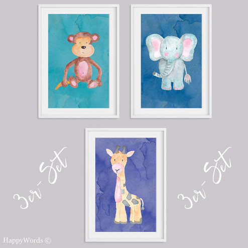 3er-Set Kinderbilder "Affe & Giraffe & Elefant"