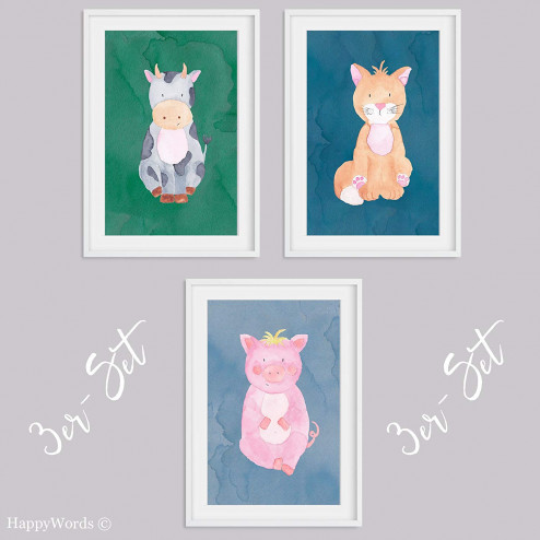 3er-Set Kinderbilder "Katze & Schwein & Kuh"