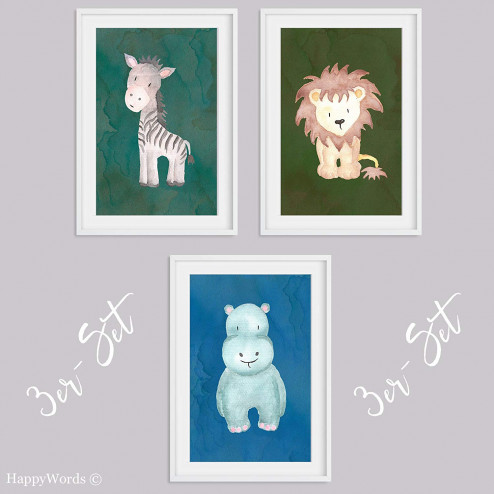 3er-Set Kinderbilder "Löwe & Nilpferd & Zebra"