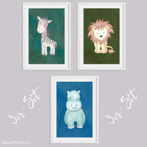 3er-Set Kinderbilder "Löwe & Nilpferd & Zebra"