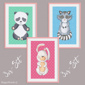 3er-Set Kinderbilder "Waschbär & Hase & Pandabär"